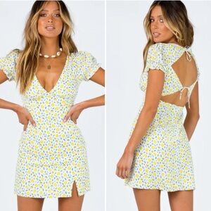 Princess Polly Kasey Mini Dress Yellow Multi Lemons Puff Sleeve Size 2 Summer